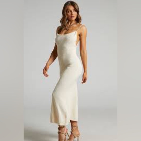 YURIKA MIDI DRESS - KNIT OPEN BACK DRESS IN NATURAL Size 2 - Picture 3 of 11